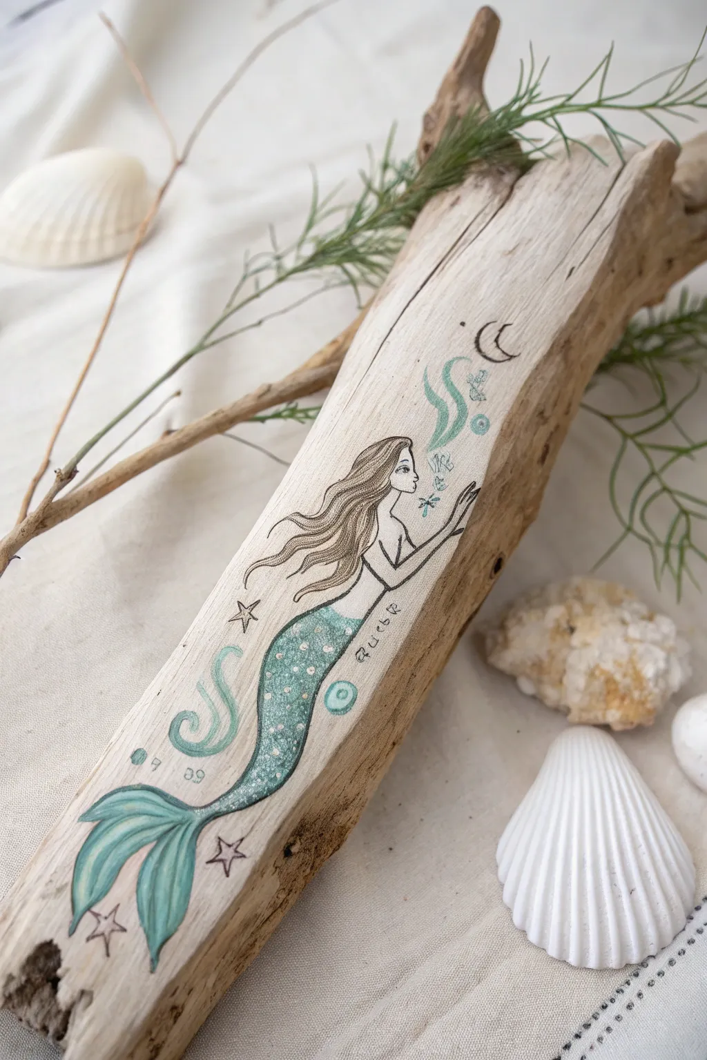 Embrace the enchantment of mythical mermaids with this beautifully painted driftwood piece.