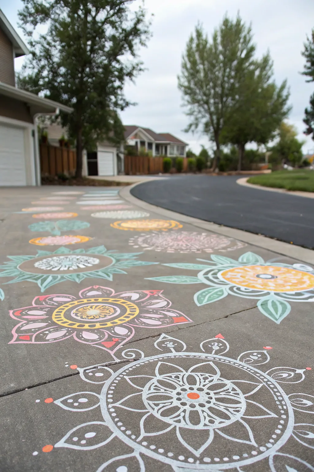 A driveway with creative stenciled patterns.