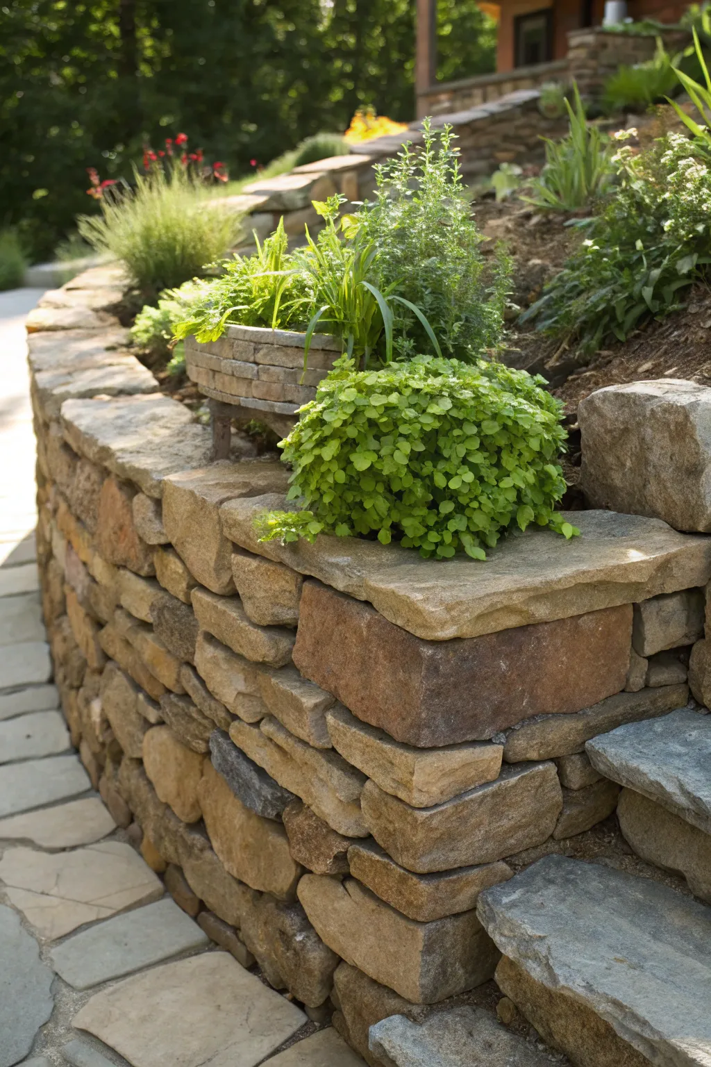 Elevate your outdoor space with a handcrafted stone wall featuring lush built-in planters.