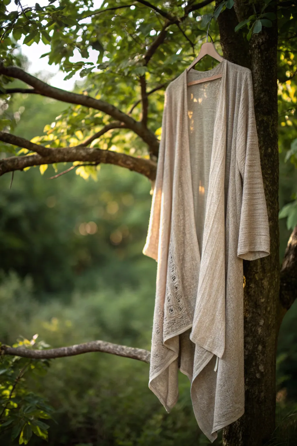 Embrace the serene beauty of nature with a duster cardigan that complements the greenery.