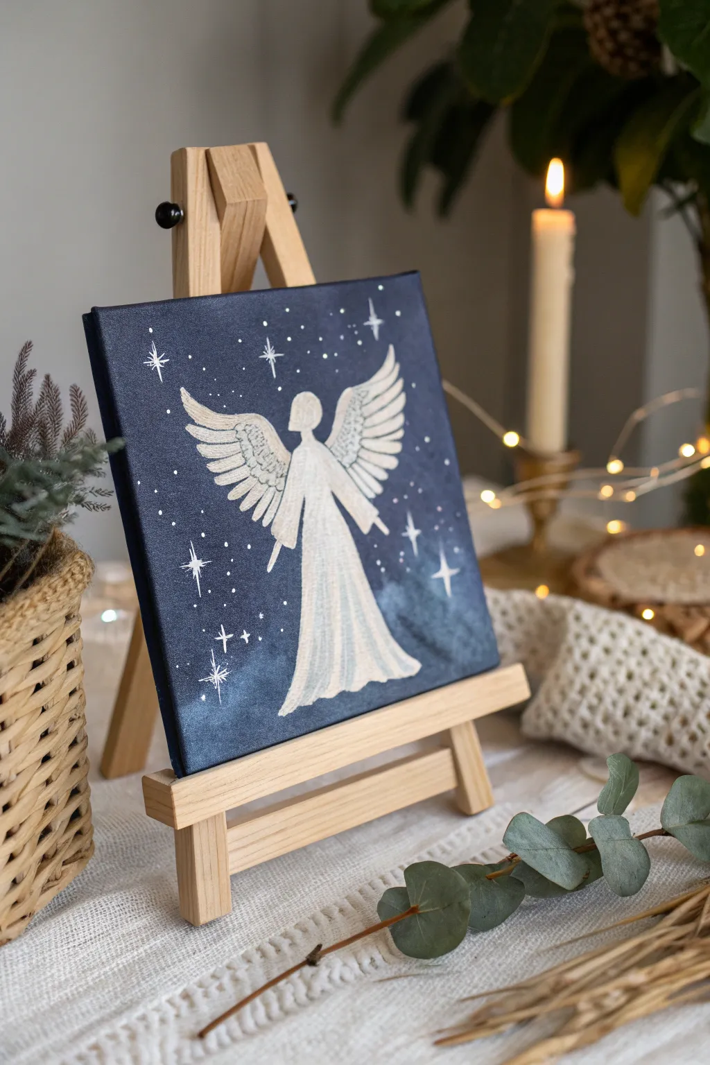 Capture the serenity of a starry night with this minimalist angel silhouette painting.