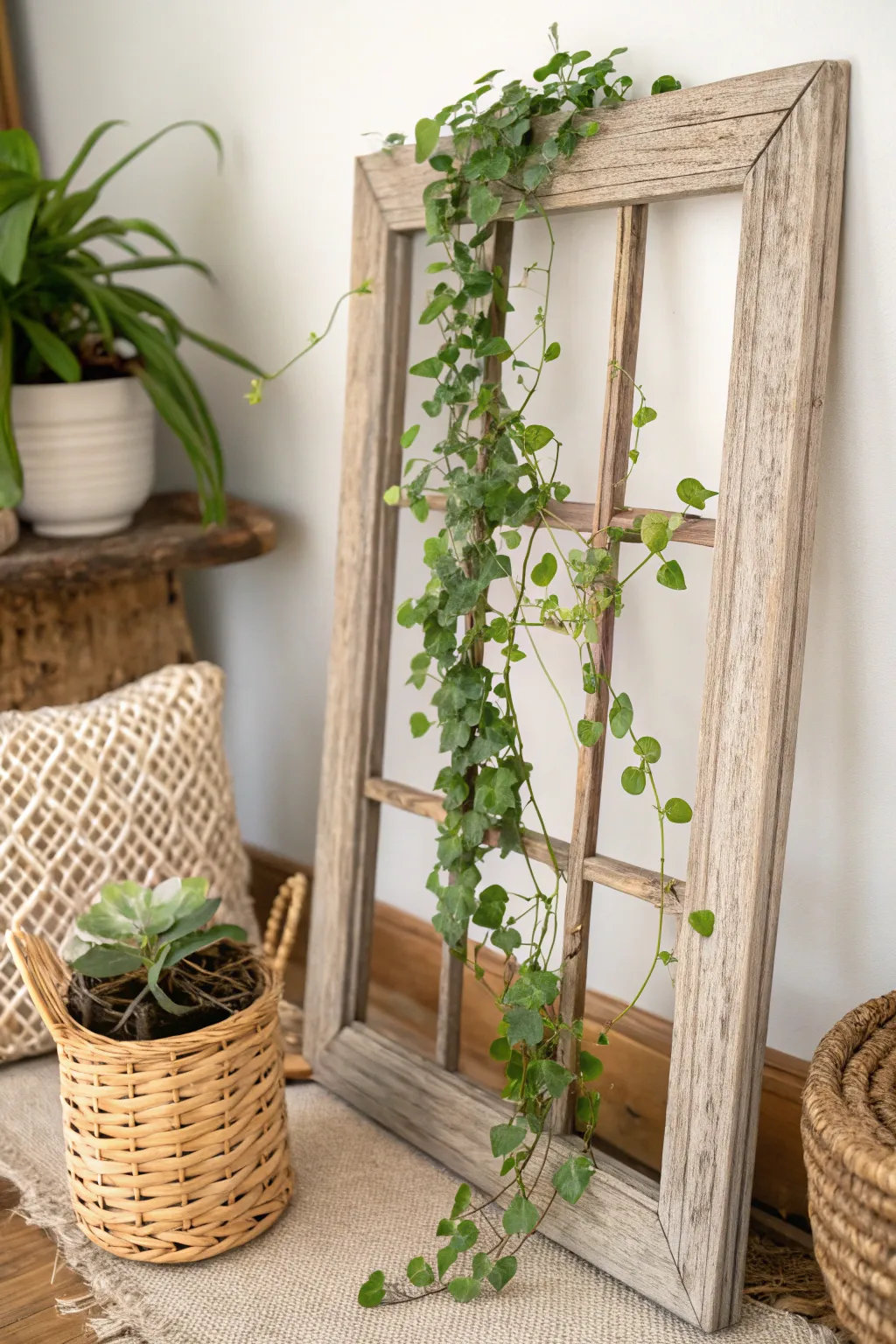 Transform your greenery with a touch of rustic elegance using a repurposed wooden frame trellis.