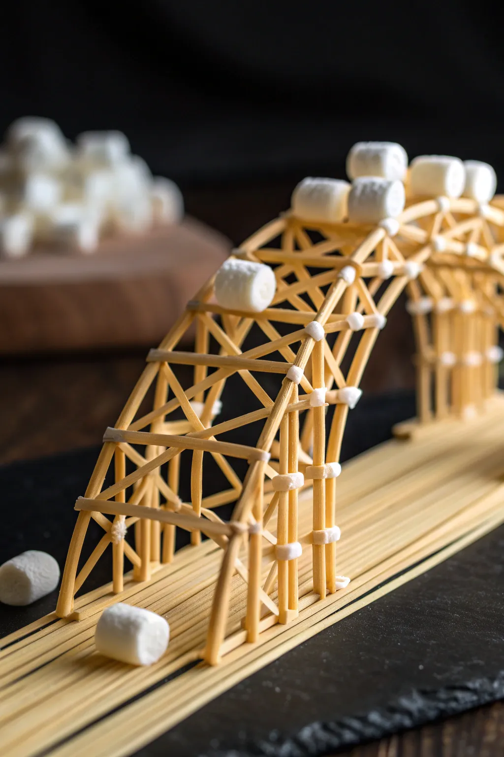 Craft your own masterpiece: A spaghetti and marshmallow bridge that stands strong and looks stunning.
