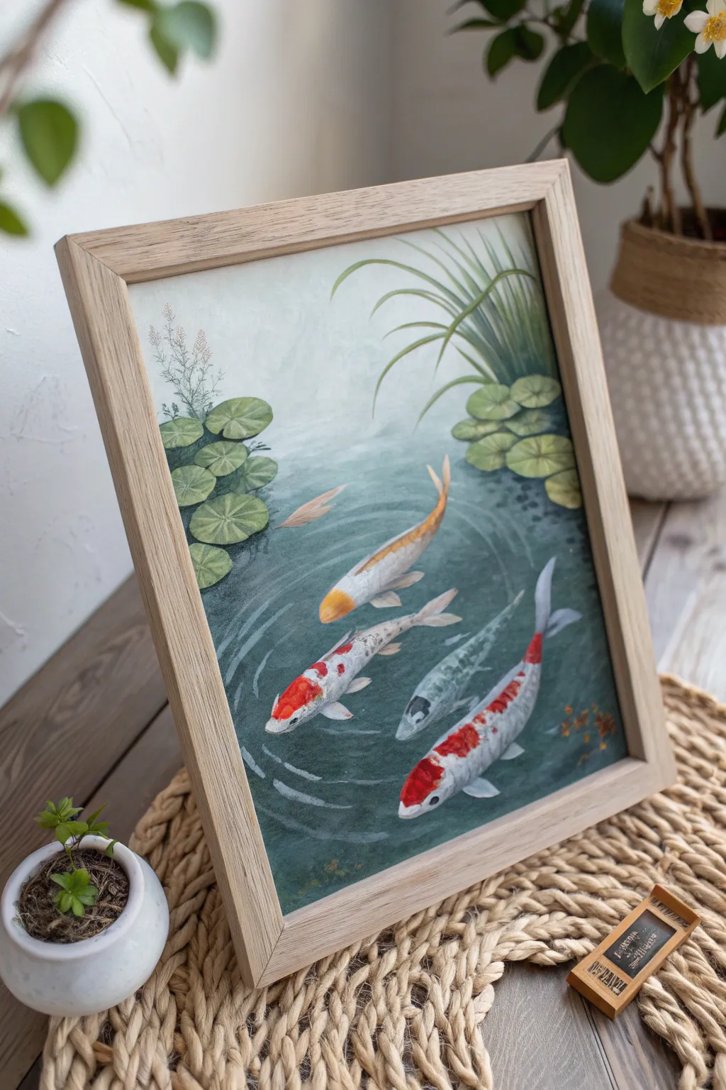 Capture the serene beauty of a koi pond with minimalist elegance and a touch of boho charm.
