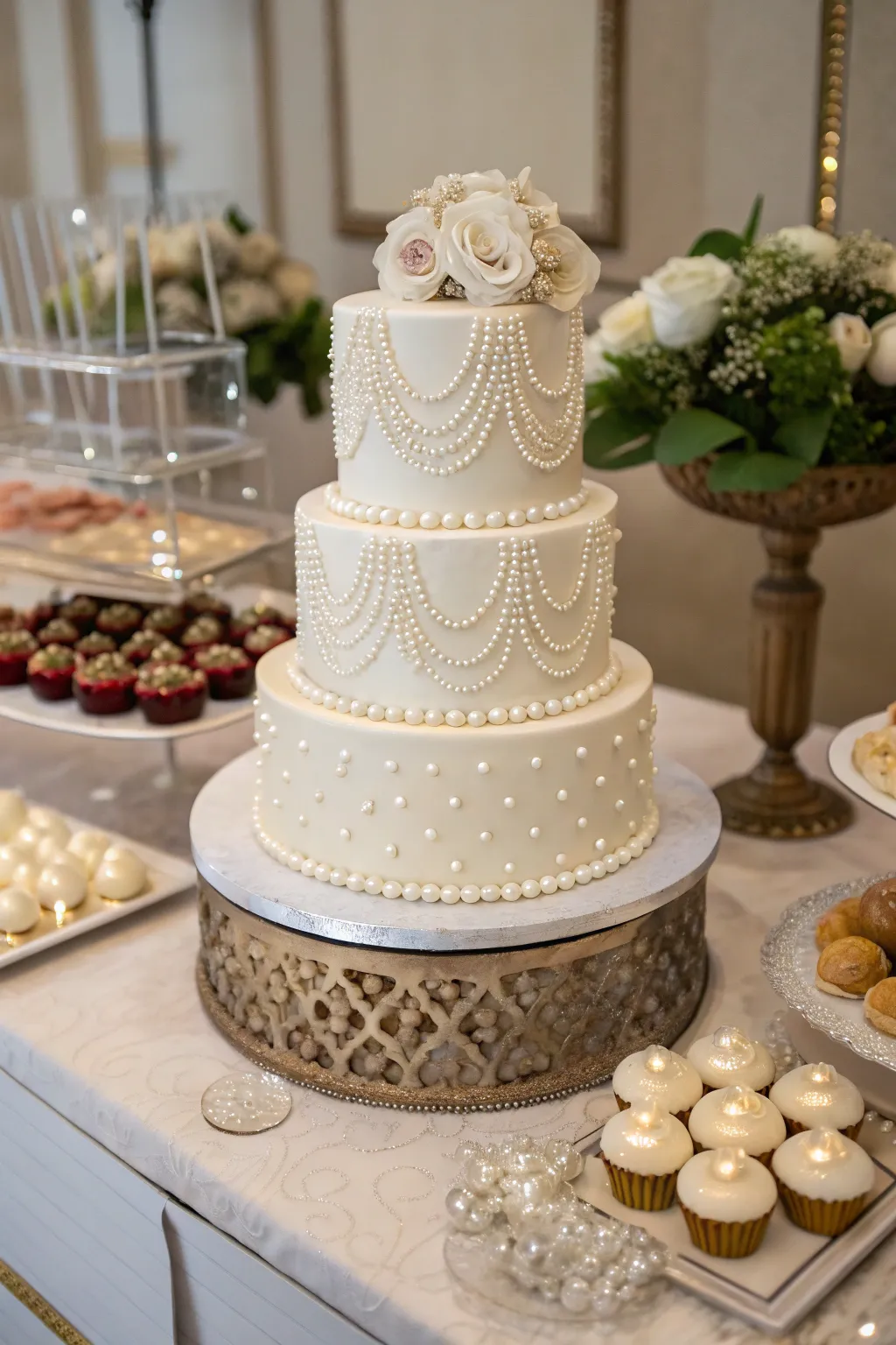 A pearl-adorned cake offering a touch of class and elegance.