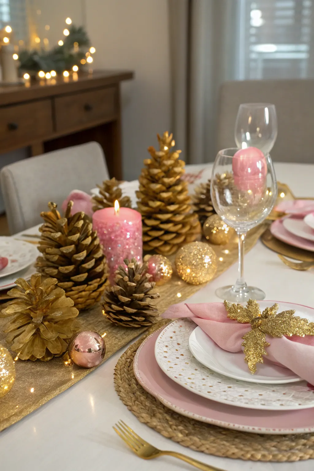 Gold pinecones add a natural festive accent.