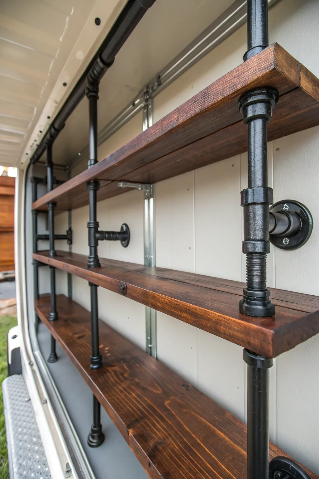 Transform your trailer with rugged, industrial pipe shelving that combines functionality and style.