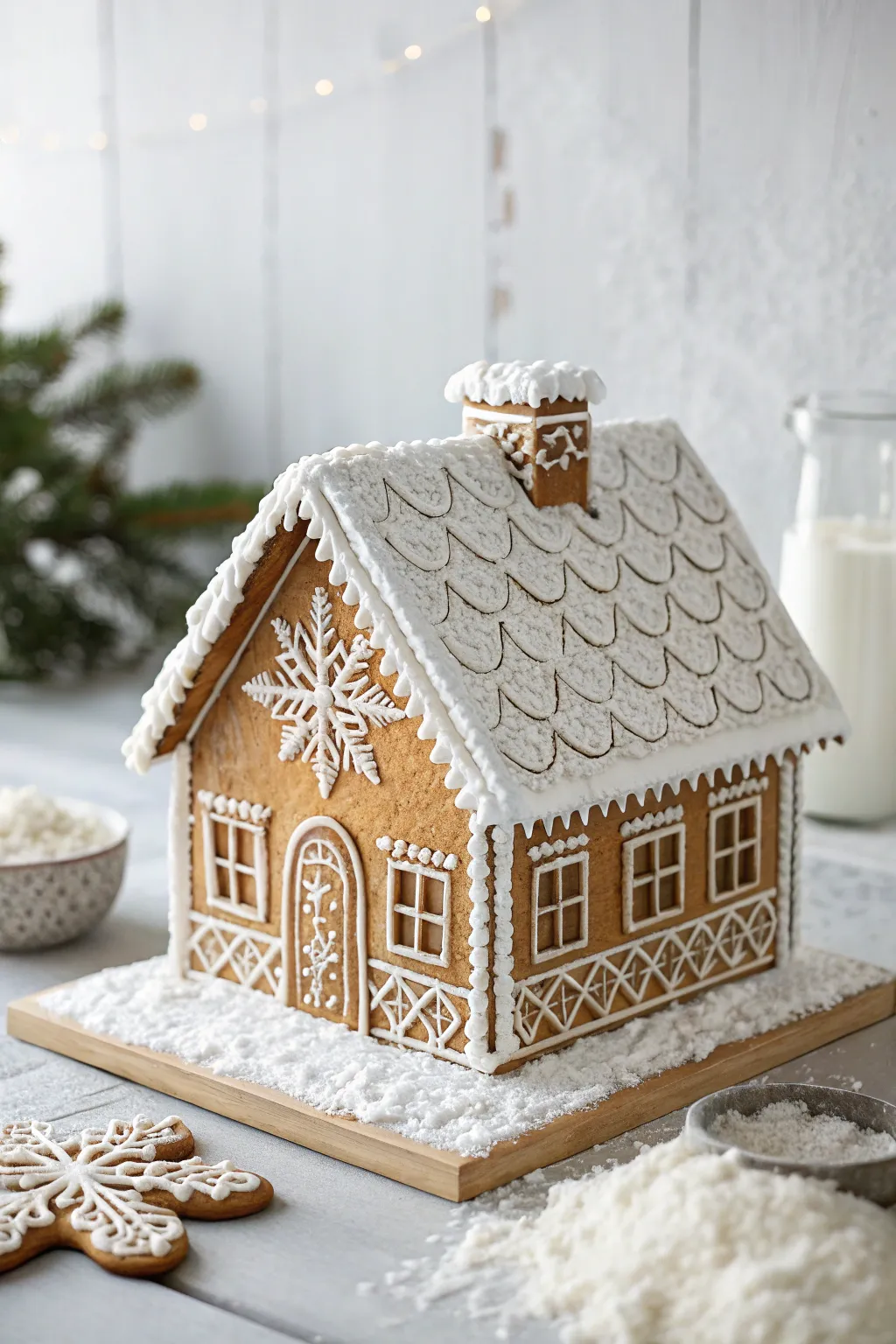 Embrace the warmth of Nordic simplicity with this charming gingerbread chalet, where snowy icing meets rustic almond shingles.