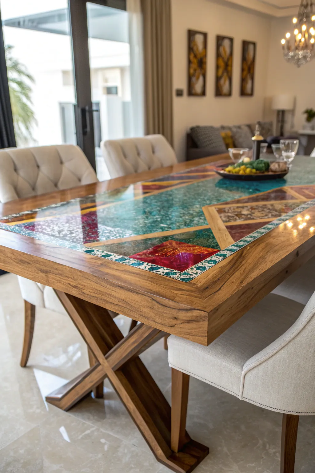 Transform your dining space with a vibrant epoxy resin tabletop masterpiece.