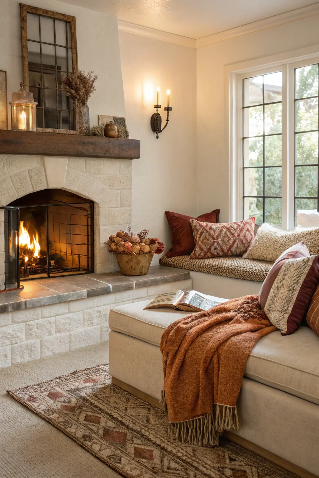 A fireplace with built-in seating enhancing the cozy living room atmosphere.