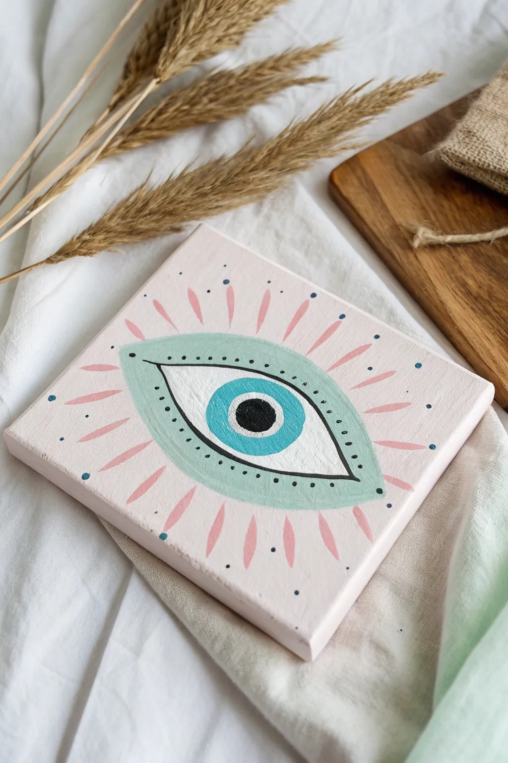 Embrace calmness with this pastel-hued evil eye artwork, perfect for adding a gentle touch to your space.