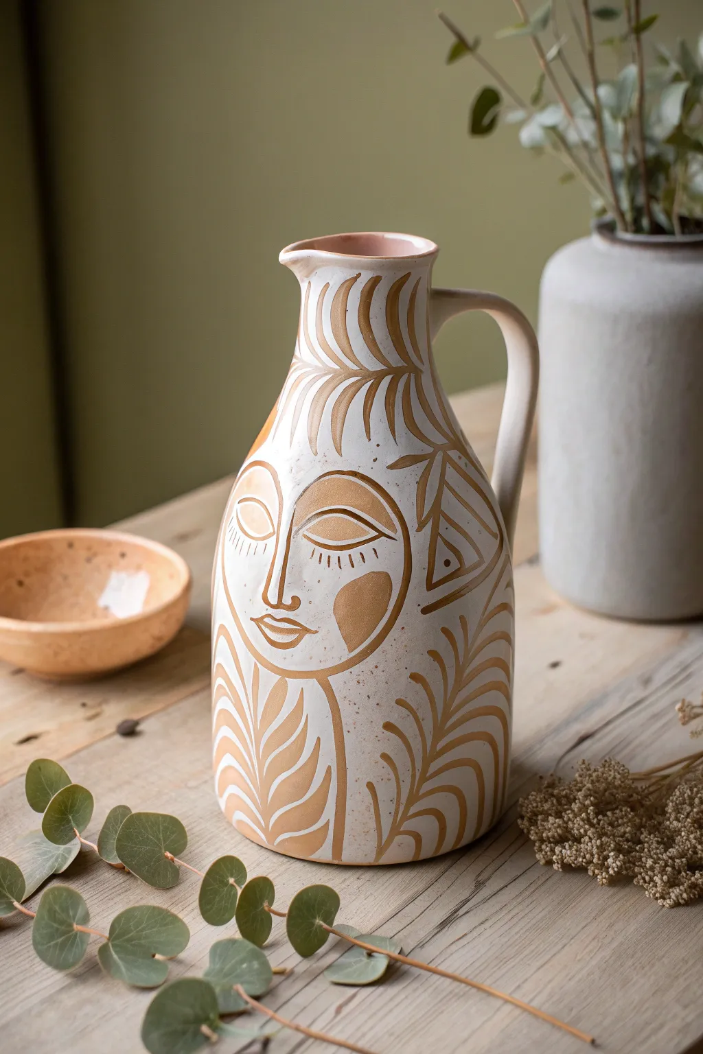 Embrace the beauty of contrast with this uniquely crafted face jug that blends abstract and realistic styles.