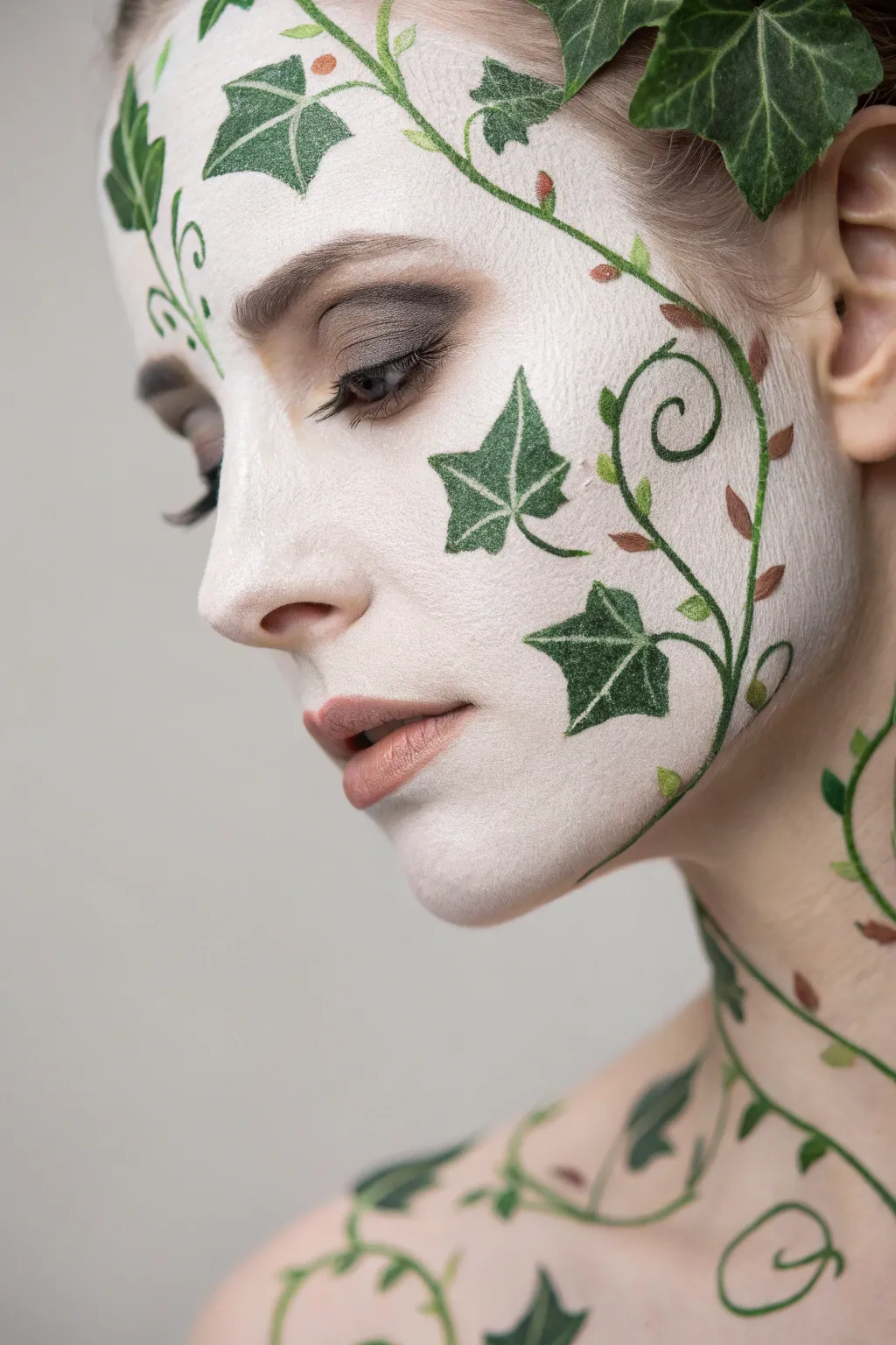 Enhance your floral face paint with elegant ivy accents for a touch of natural sophistication.