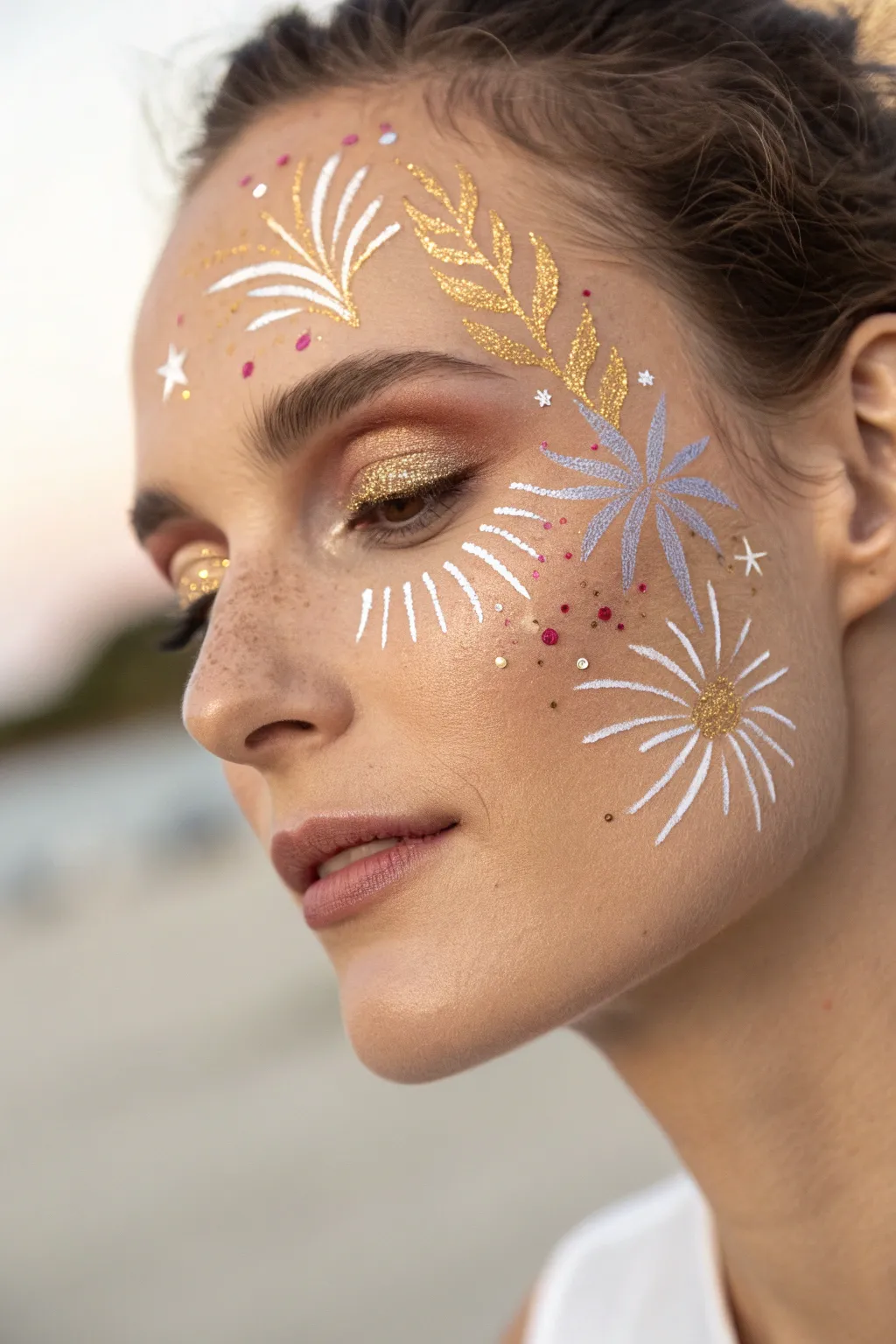 Ignite your celebrations with a stunning fireworks face paint design that exudes simplicity and natural elegance.