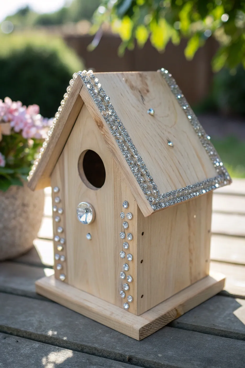 Add a touch of magic to your garden with a fairy birdhouse adorned with sparkling crystals.