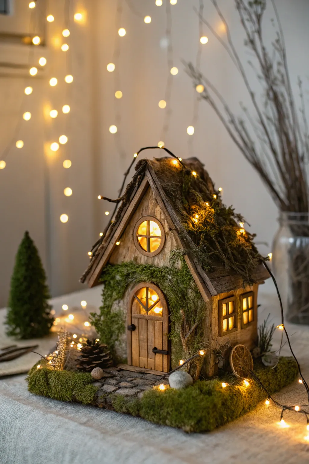 Embrace the magic of simplicity with a fairy house aglow in enchanting light.
