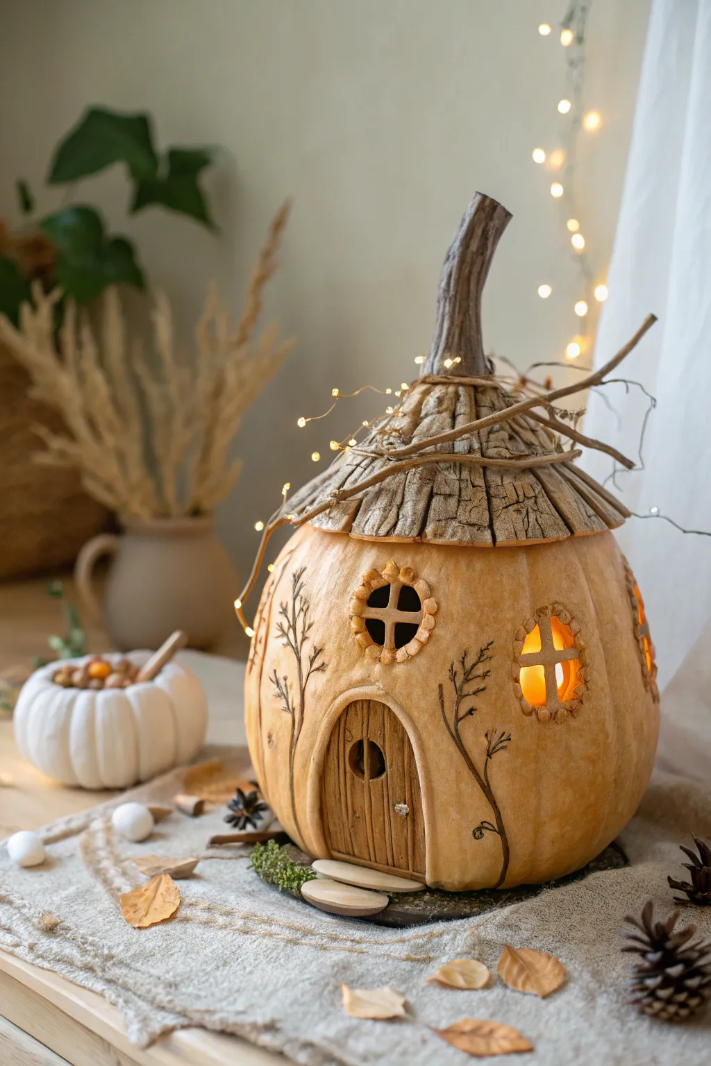 Enchant your autumn with this charming fairy pumpkin house, complete with a twig chimney for that cozy, lived-in magic.