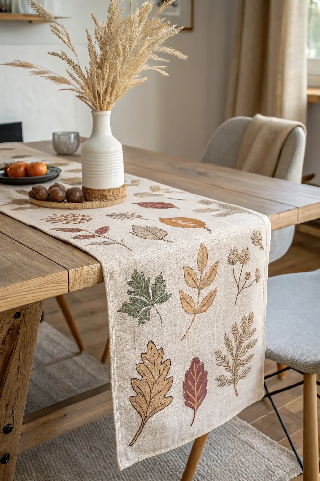 Elevate your dining space with a rustic burlap runner, where simplicity meets autumn elegance.