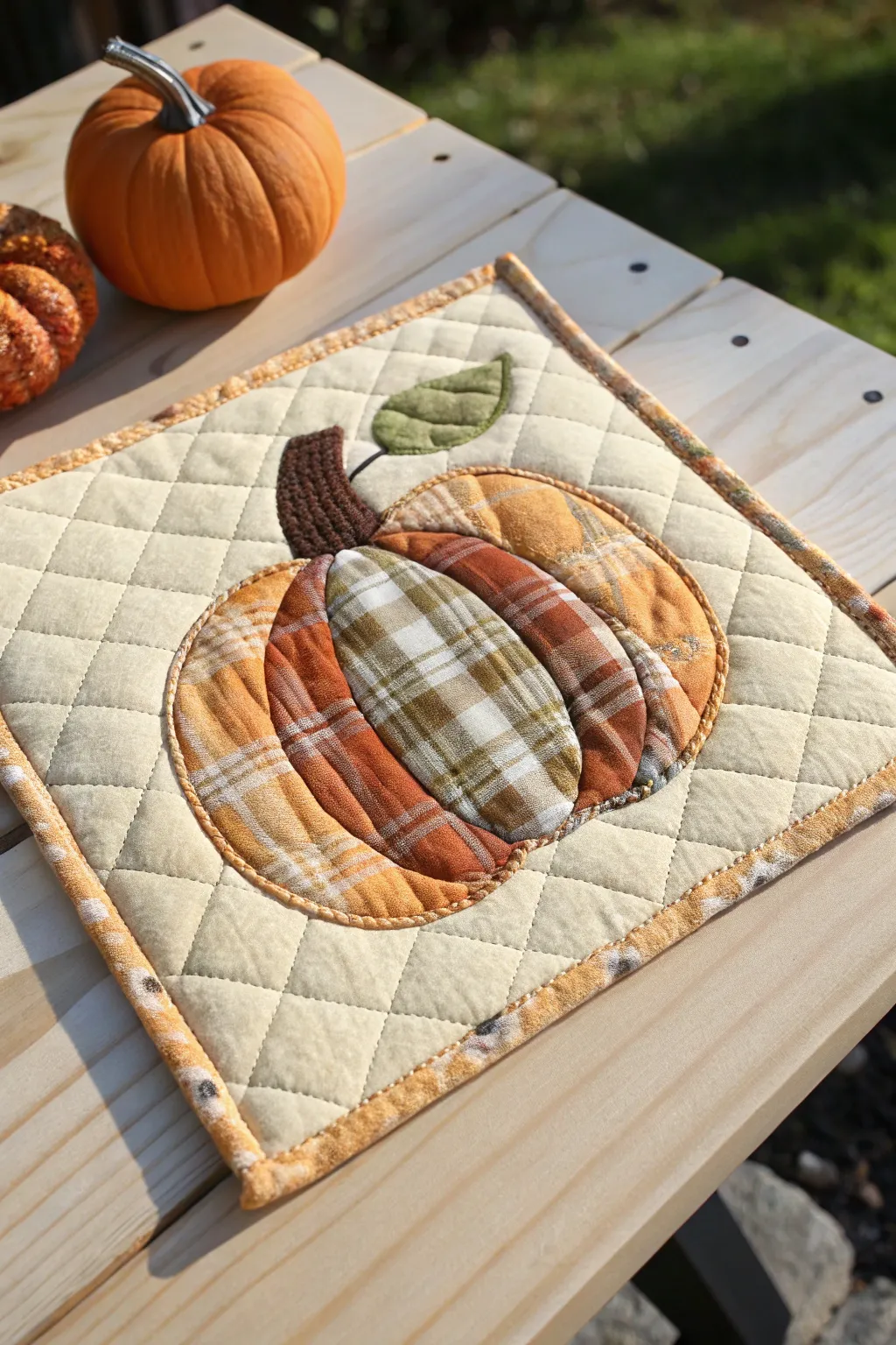 Embrace the warmth of autumn with a plaid pumpkin quilt square, blending classic charm with modern simplicity.