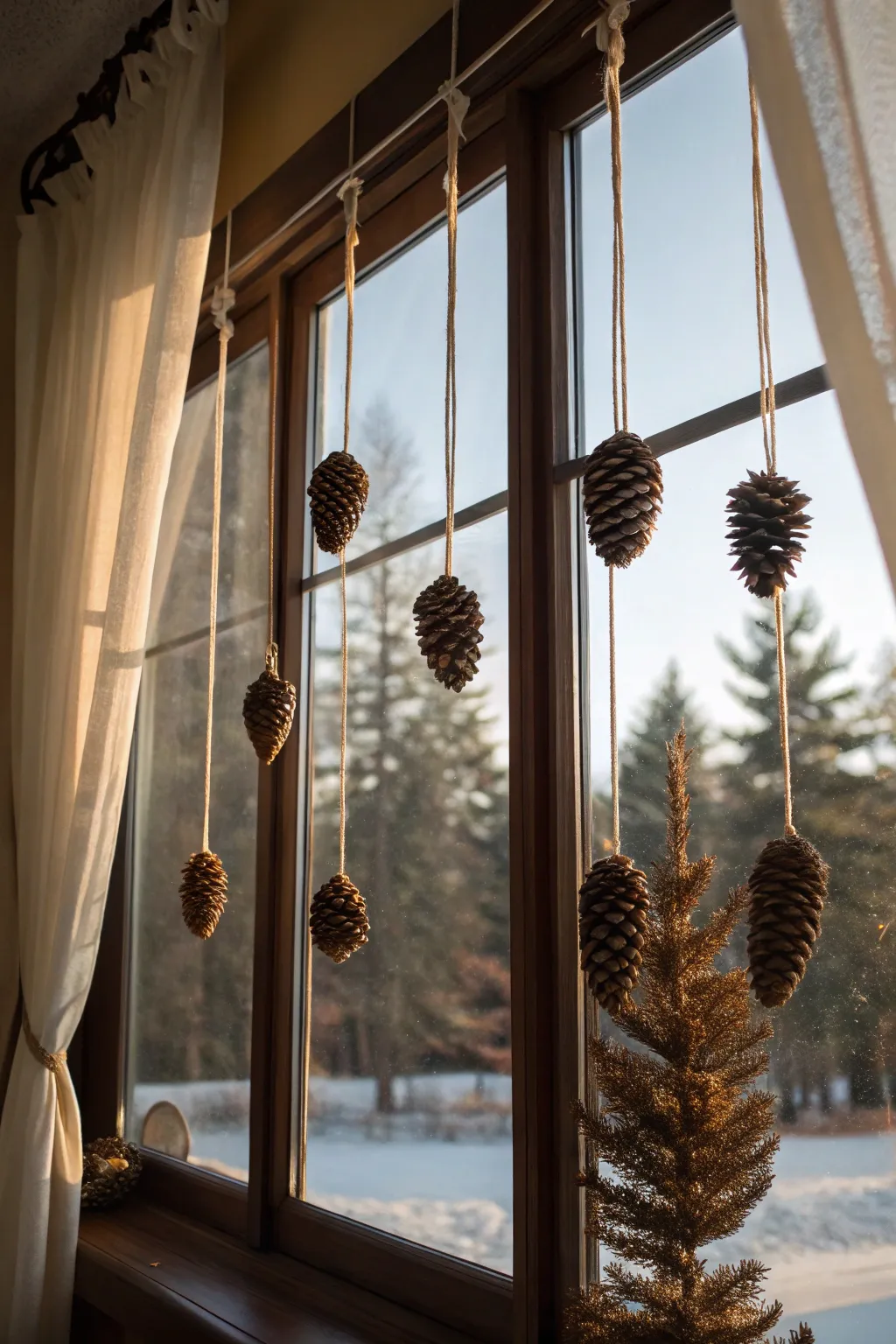 Hanging pinecone ornaments add dynamic interest to fall windows.