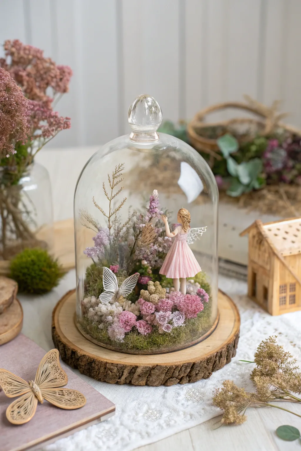 Step into a world of enchantment with this delicate diorama of a fairy-touched garden.