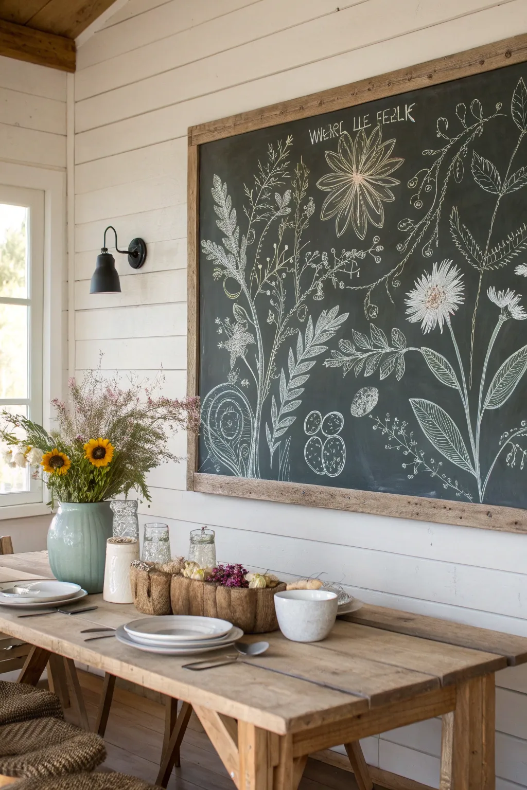 Transform your dining area with a charming farmhouse chalkboard backdrop, perfect for seasonal gatherings.