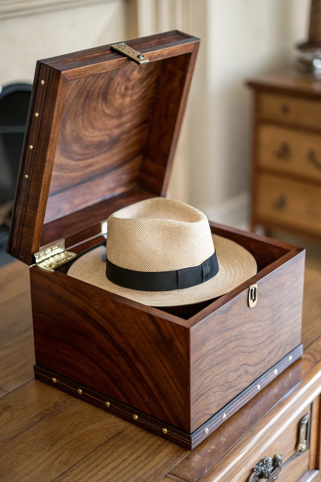 Effortlessly stylish: A handcrafted quick-access hat box for the modern gentleman.