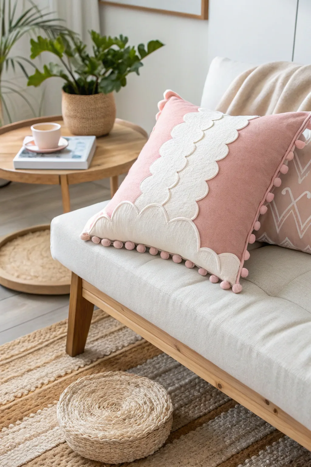 Elevate your space with a touch of elegance and comfort with this felt scalloped pillow masterpiece.