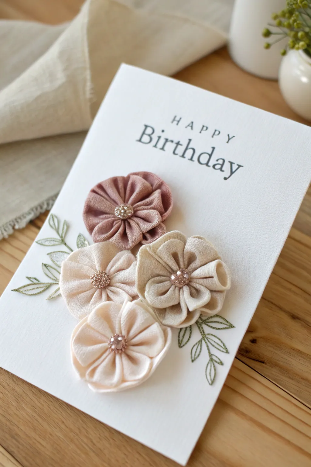 Elevate your birthday wishes with the soft charm of fabric flowers. 🌸✨ #HandmadeBeauty #MinimalistElegance