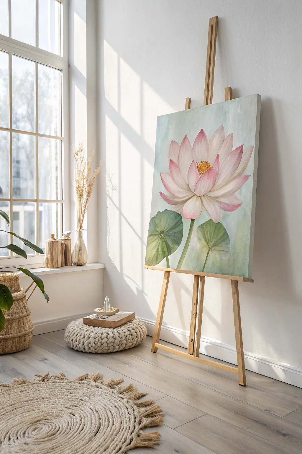 Embrace tranquility with this minimalist lotus painting, a serene blend of Scandinavian simplicity and boho charm.