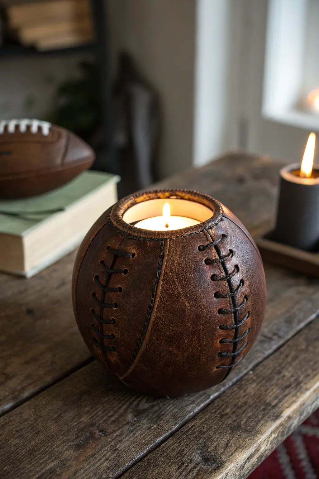 Set the perfect game night ambiance with this handcrafted football candle holder.