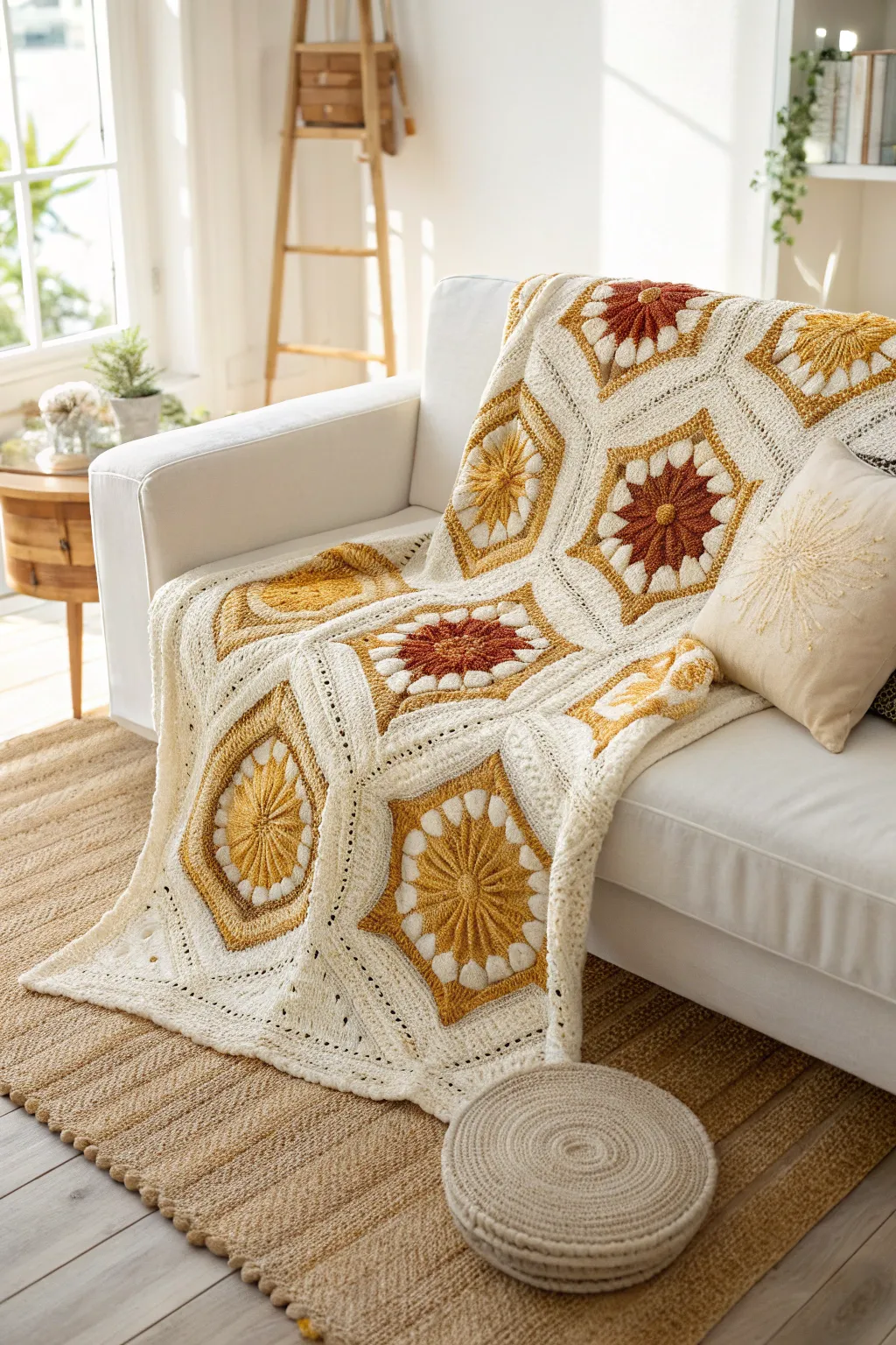 Wrap yourself in warmth and elegance with this Sunburst Surprise crochet blanket—a perfect blend of minimalist beauty and boho flair.