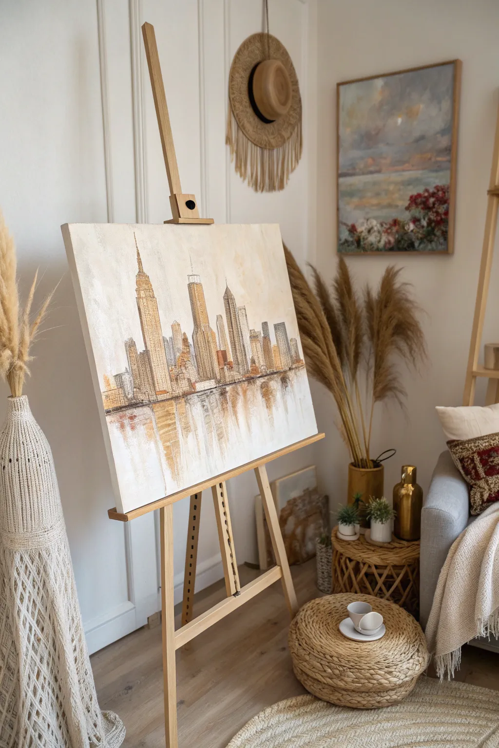 Capture the essence of your favorite city with a minimalist cityscape painting that brings urban energy into your space.