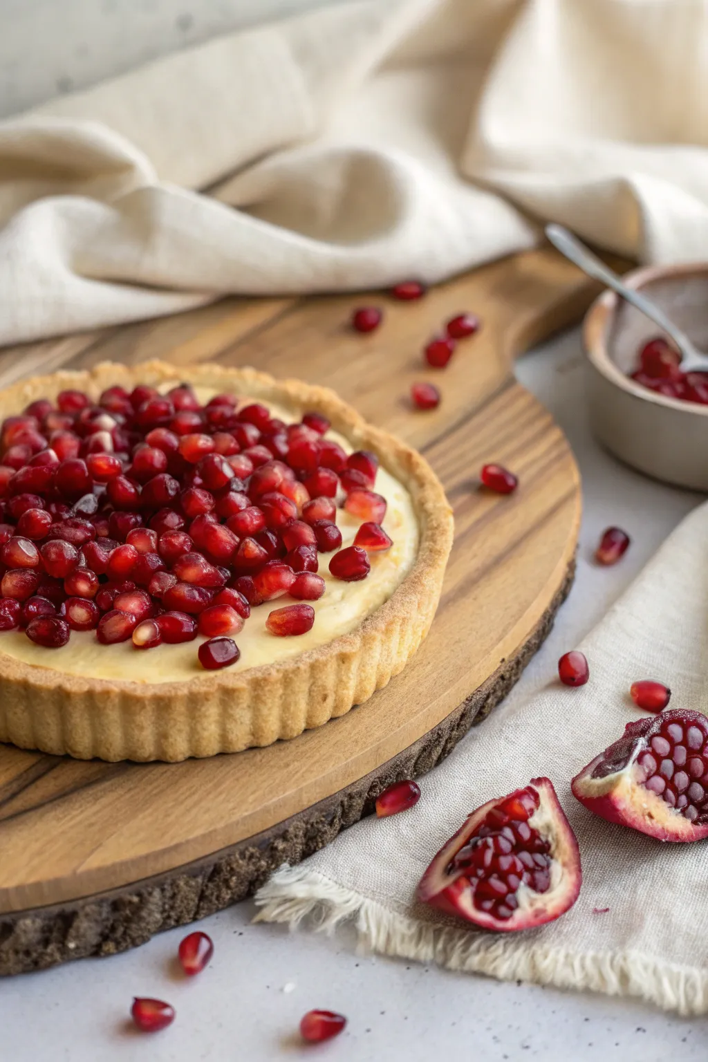 Indulge in the elegance of jewel-toned pomegranate seeds on a minimalist tart, where simplicity meets natural beauty.