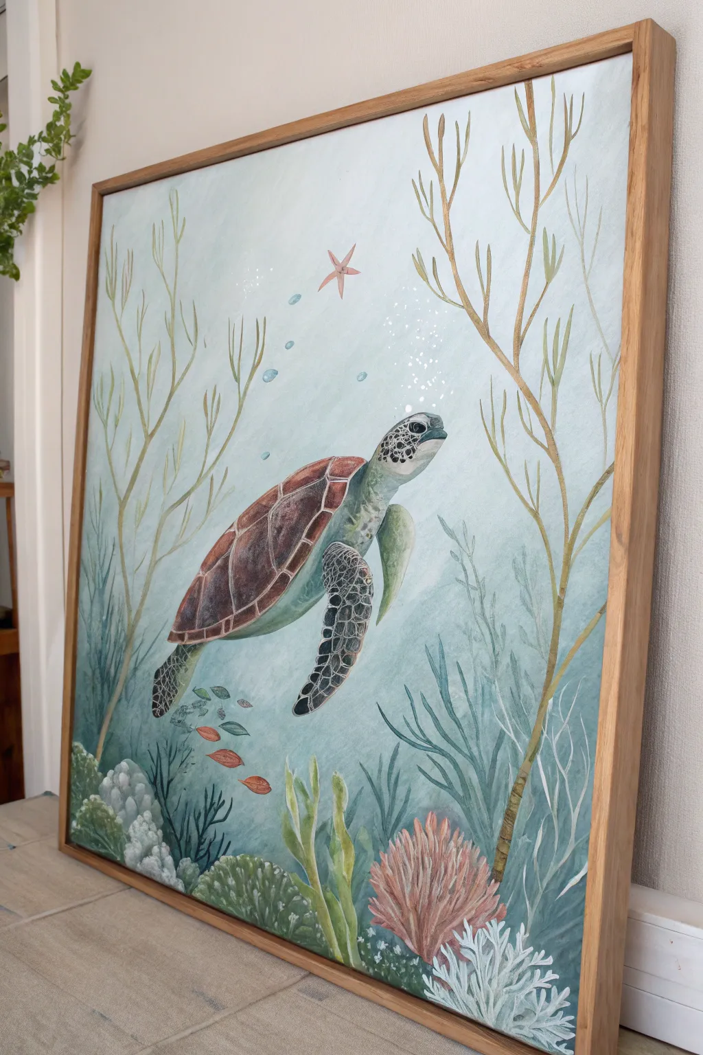 Dive into tranquility with this serene sea turtle painting, capturing the ocean's peaceful beauty with minimalist elegance.