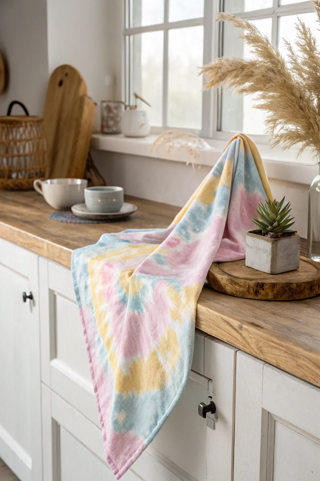 Add a splash of color to your kitchen with artisanal tie-dye towels, where function meets style.
