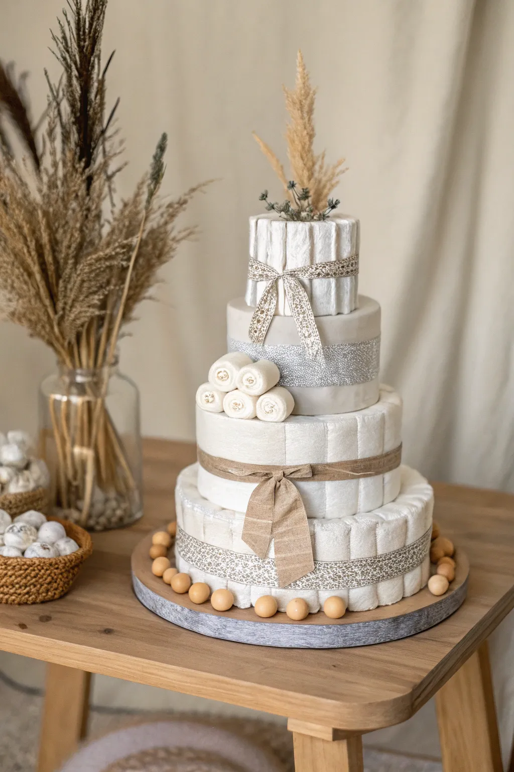 Embrace the elegance of monochrome with this stylish gender-neutral diaper cake.