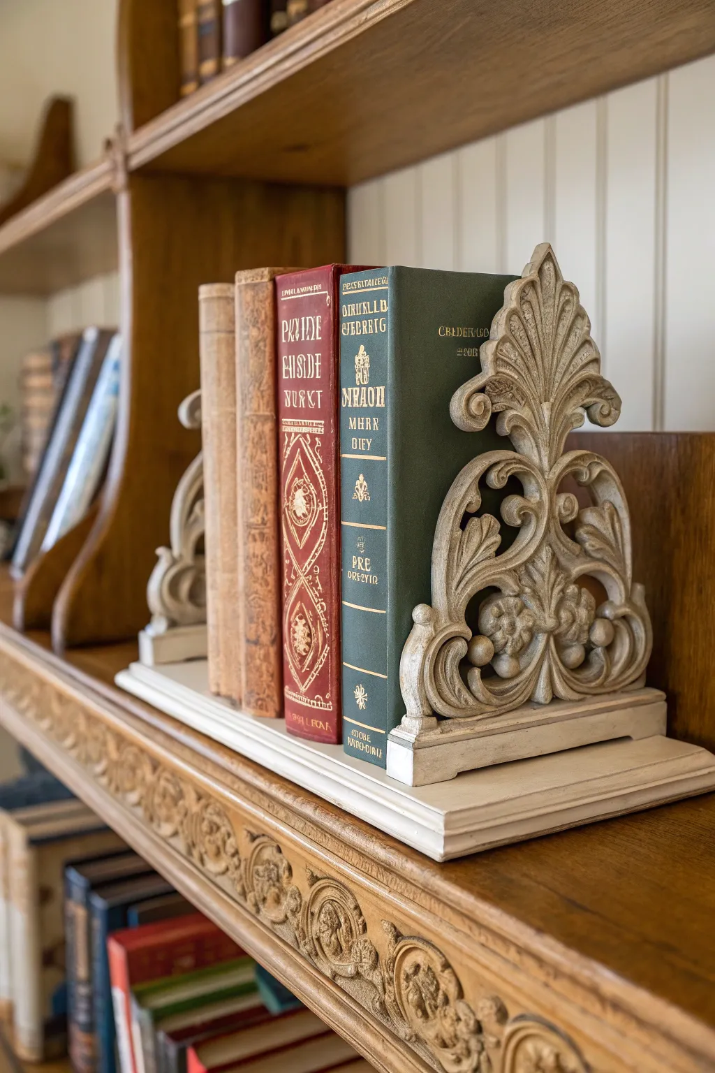 Decorative bookends bring style and personality to any bookshelf.