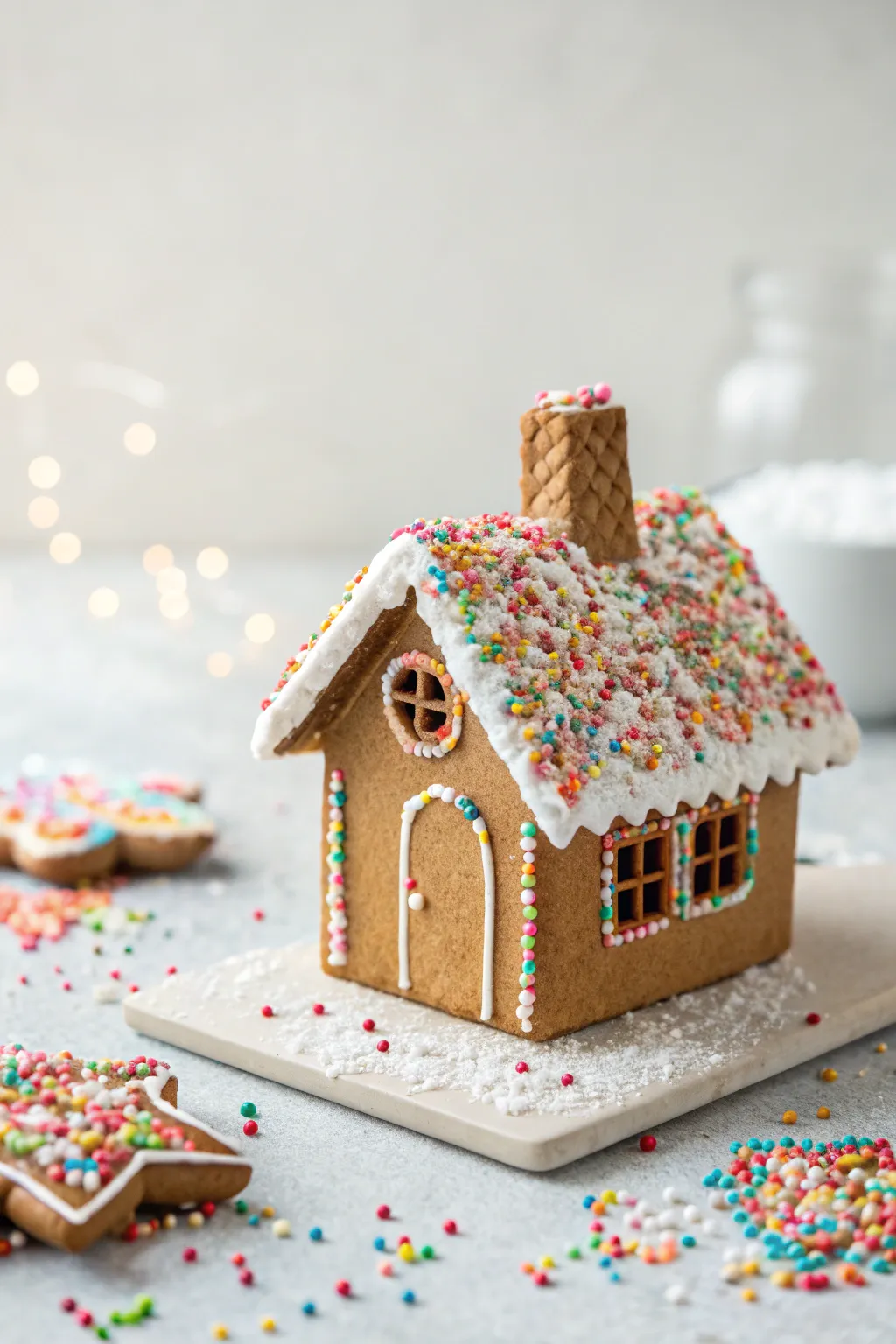 Celebrate the season with a sprinkle-covered gingerbread chimney - a touch of whimsy for your minimalist holiday decor!