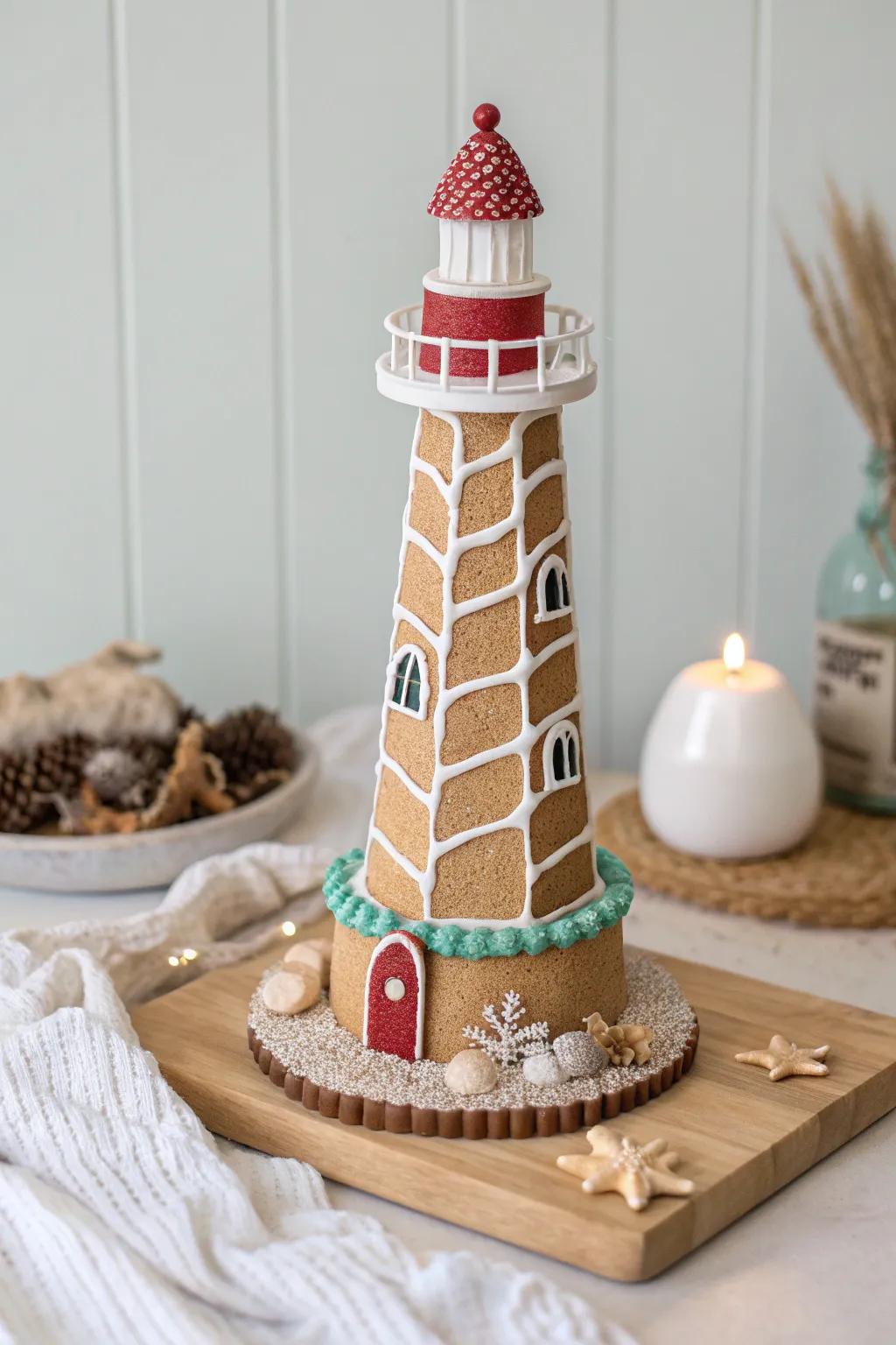 Illuminate your holiday spirit with a charming gingerbread lighthouse, where sweet simplicity meets artistic craftsmanship.