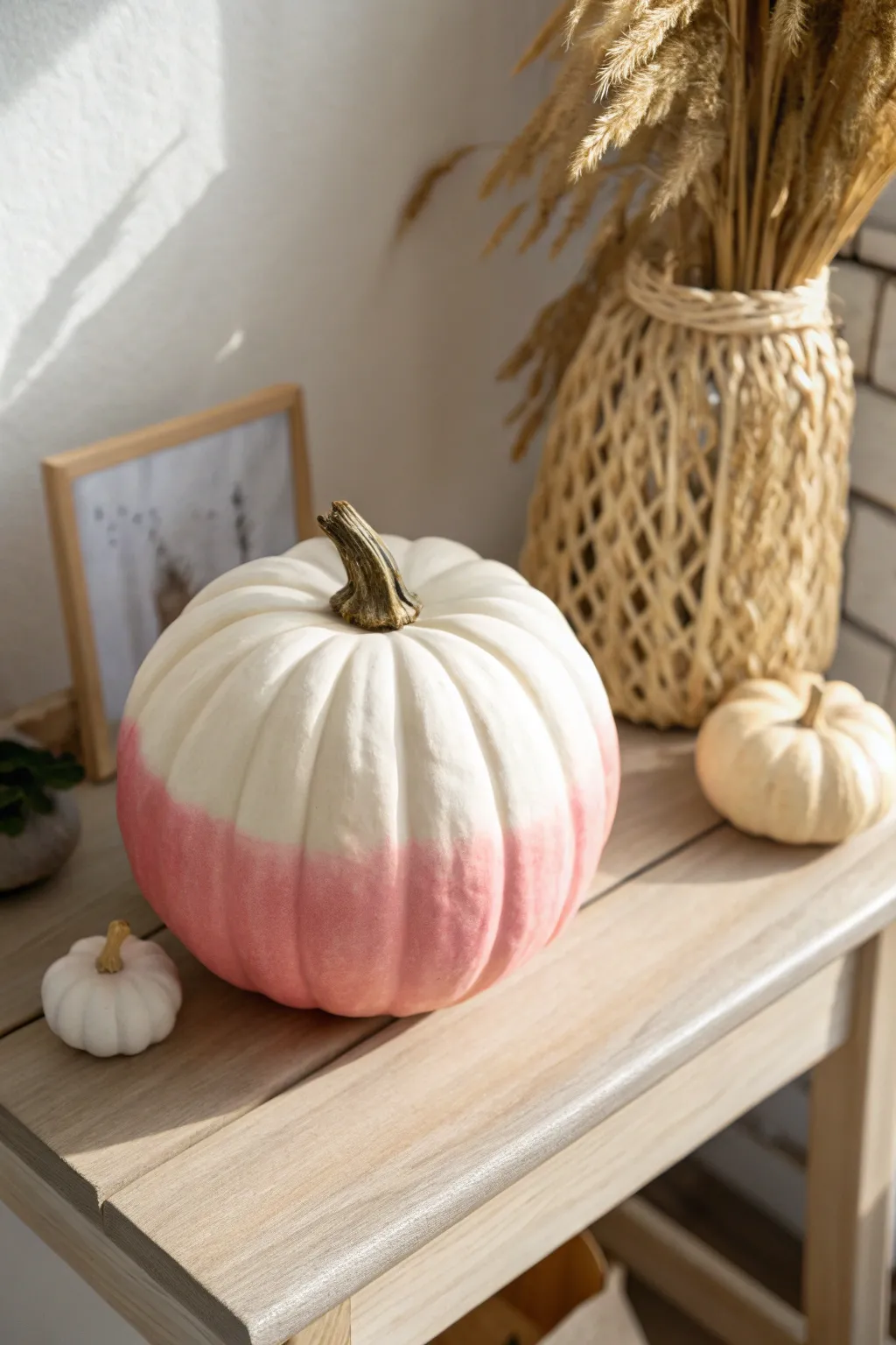 Embrace autumn with a touch of elegance: Pink to white ombre pumpkin perfection.