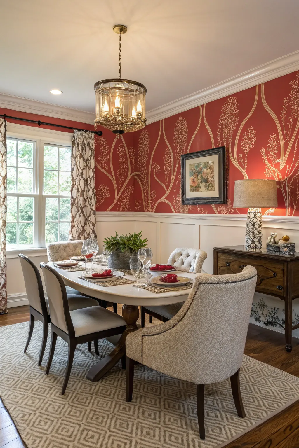 A bold feature wall sets the tone for the dining room.
