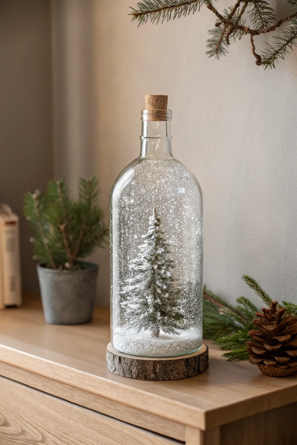 Capture the magic of winter with this enchanting bottle snow globe, a perfect blend of simplicity and elegance.