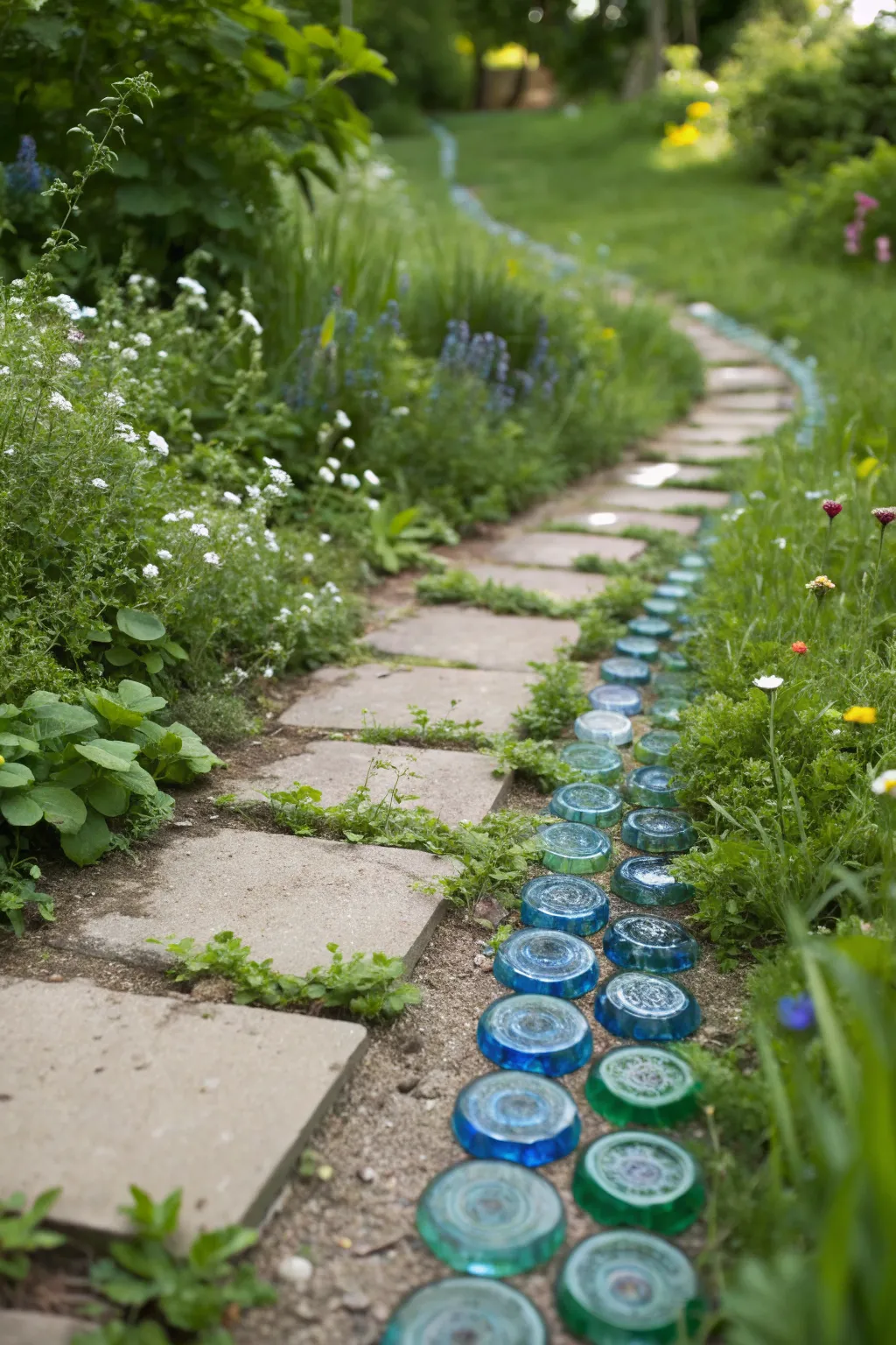 Transform your garden paths with the unique beauty of glass bottle edging. Embrace simplicity and natural elegance.
