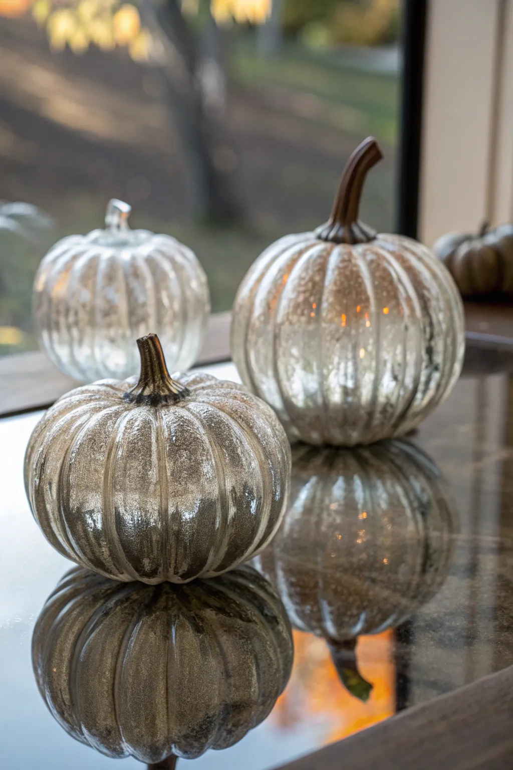 Mirrored surfaces amplify the elegance of glass pumpkins.