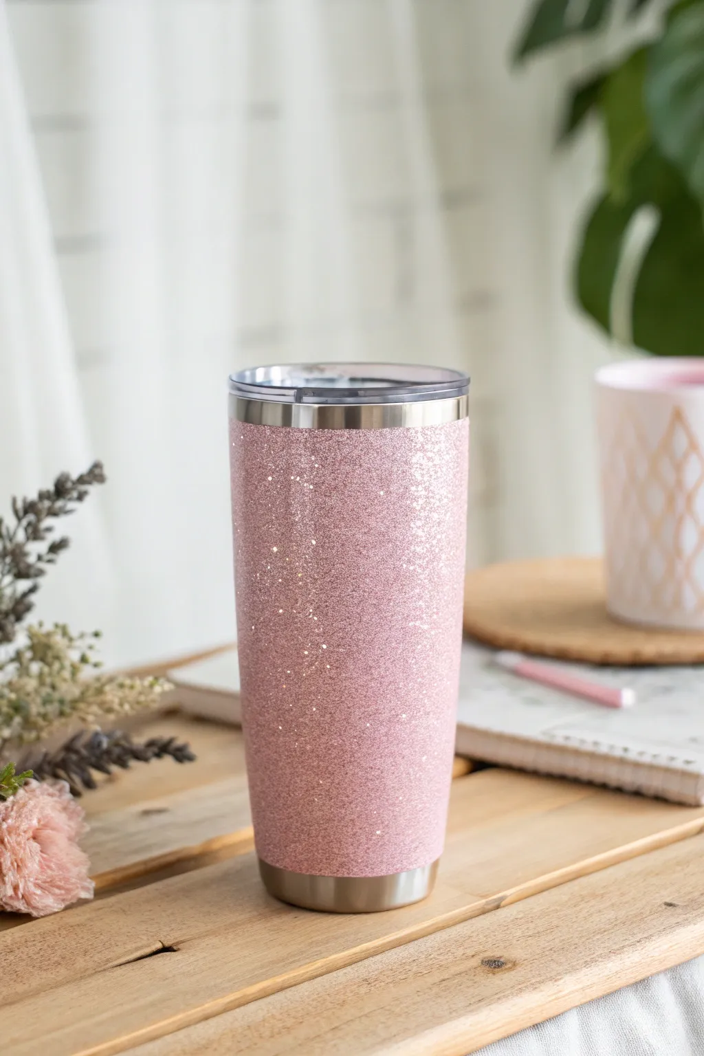 Embrace tranquility with this pastel pink glitter tumbler, perfect for your serene moments.