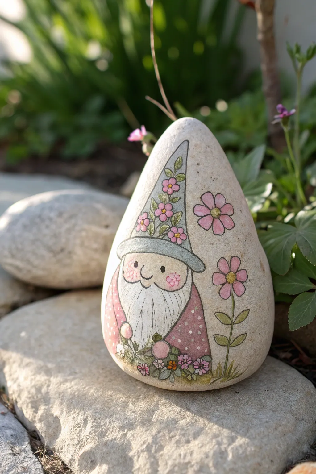 Embrace the charm of spring with a handcrafted garden party gnome rock, a perfect blend of Scandinavian simplicity and boho elegance.