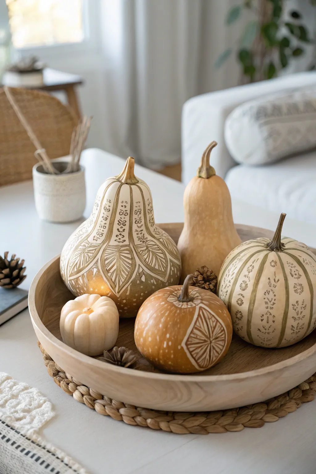 Transform your table into an artful display with these exquisite gourd centerpieces, blending Scandinavian simplicity with boho charm.