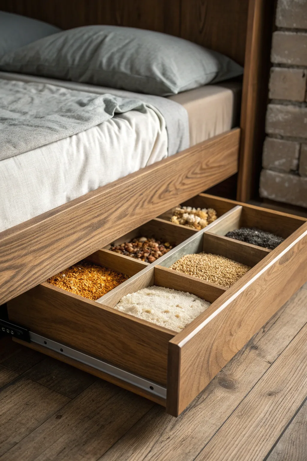 Effortlessly stylish and practical: Store your grains with elegance using our handcrafted under-bed storage bins.