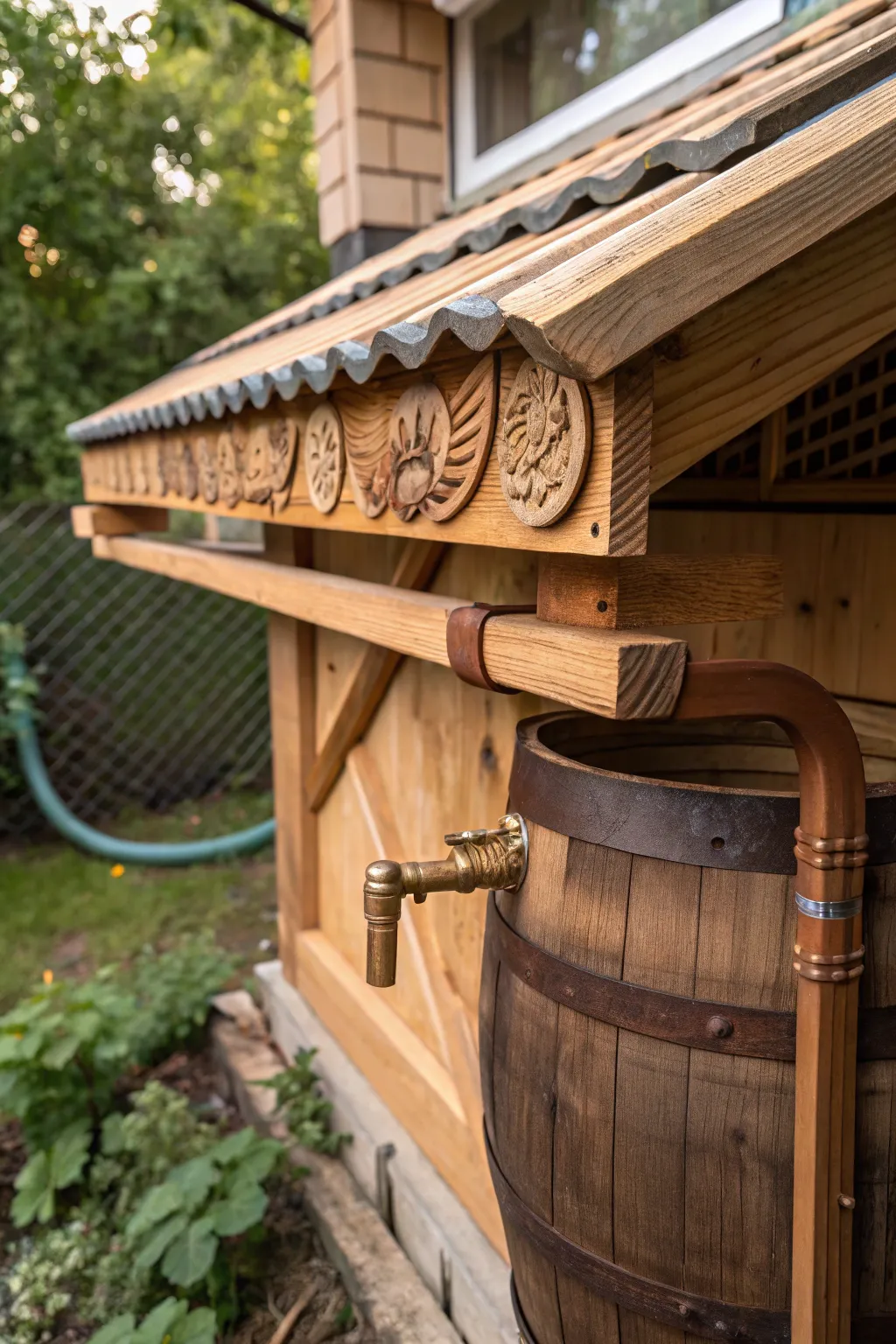 Elegantly crafted rainwater collection system for your guinea hen coop: Sustainable and stylish.